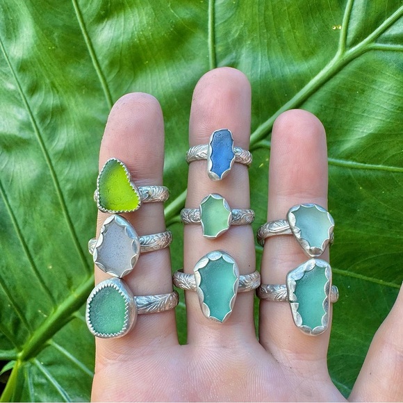 Teal blue green sea glass natural tumbled floral sterling & fine silver - Picture 3 of 5